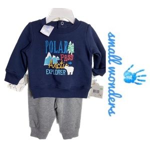 SMALL WONDERS 3-Piece Set~Fleece Graphic Top~Pants-Hooded Onesie Size 0-3 Months